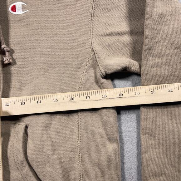 Champion‎ Hoodie Men Medium Beige Reverse Weave Pullover Sweatshirt Logo + Spots - Picture 4 of 9